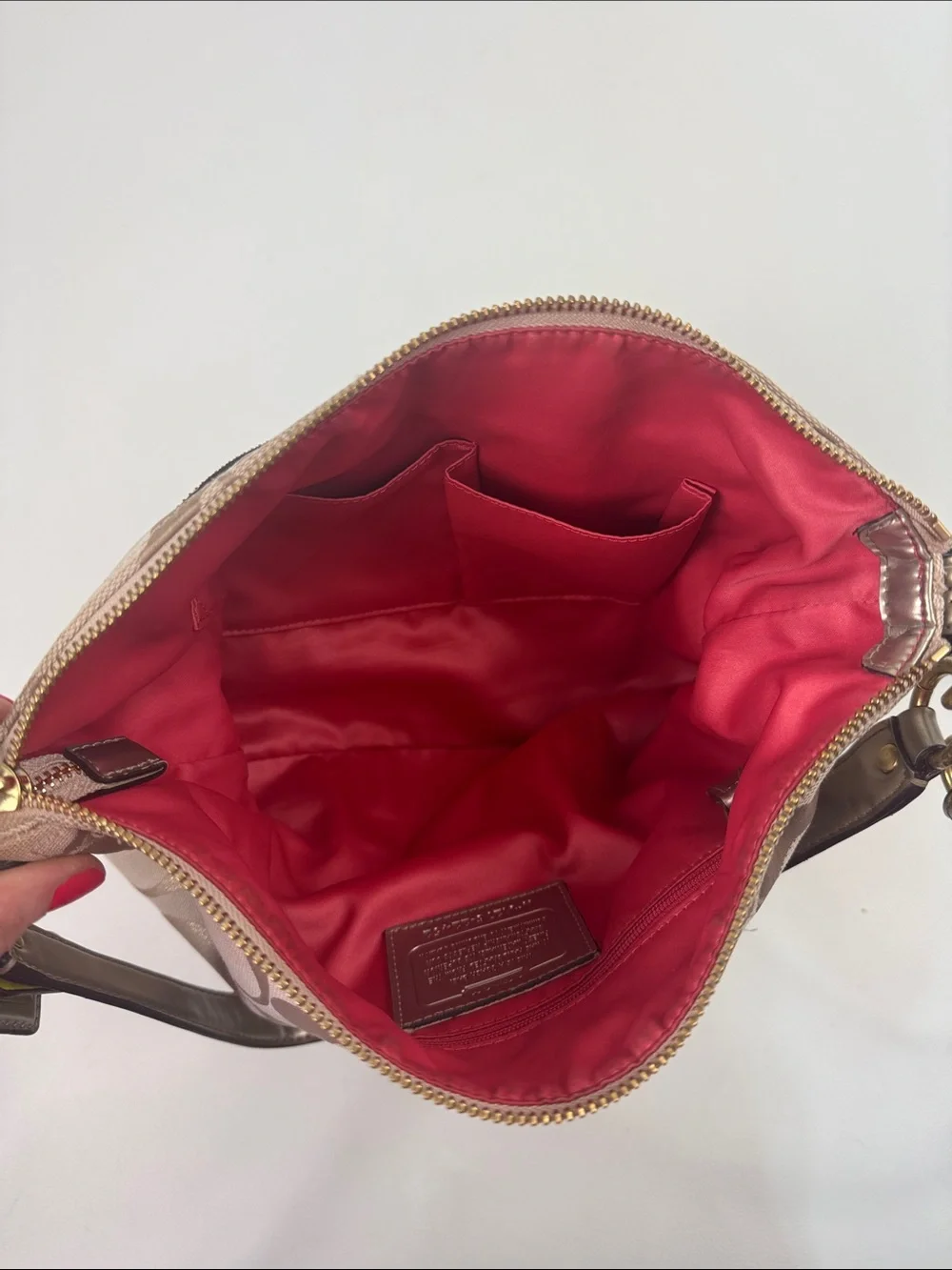 Coach Signature C Canvas Crossbody Bag Beige Gold Leather Trim Coral lined